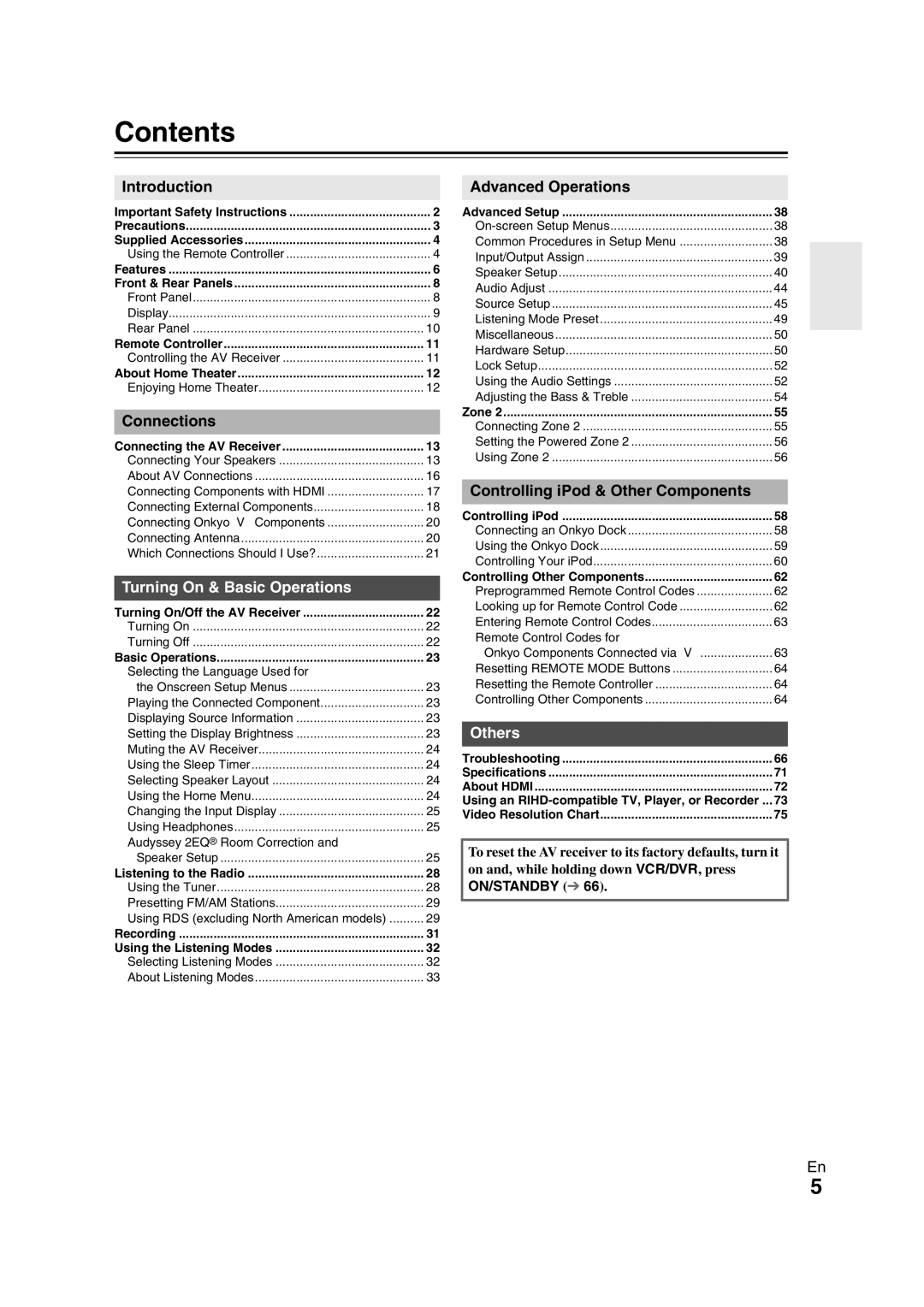 Onkyo SR608 instruction manual Contents 