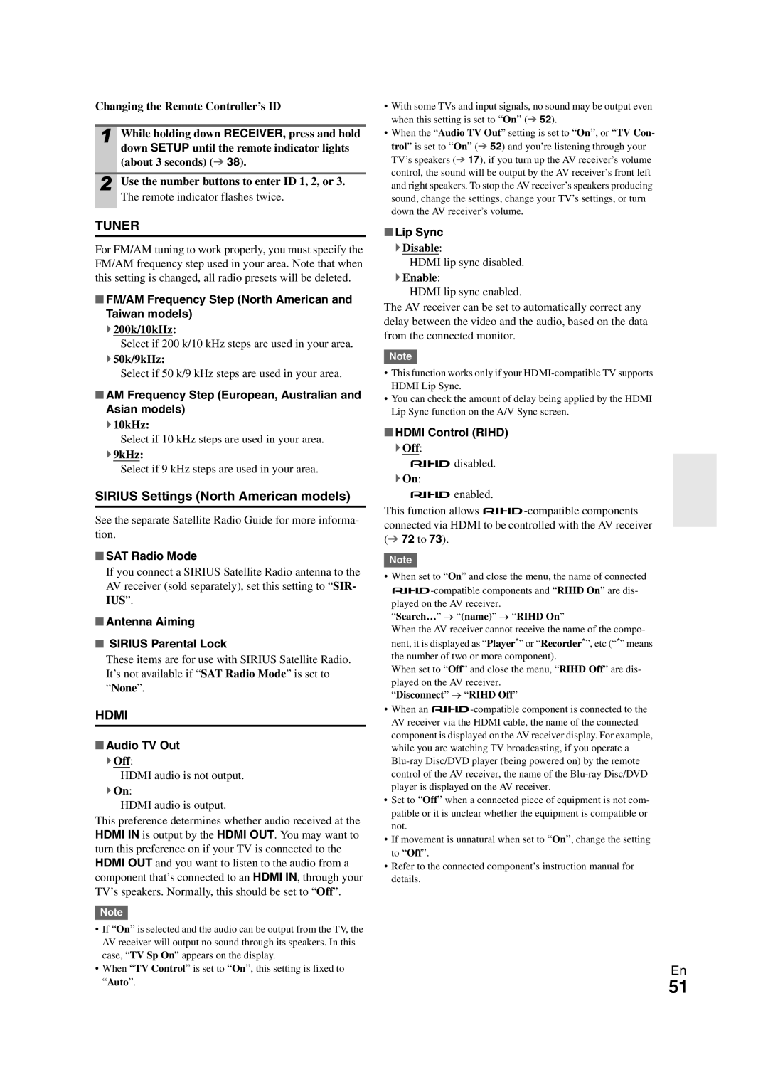 Onkyo SR608 instruction manual Sirius Settings North American models 