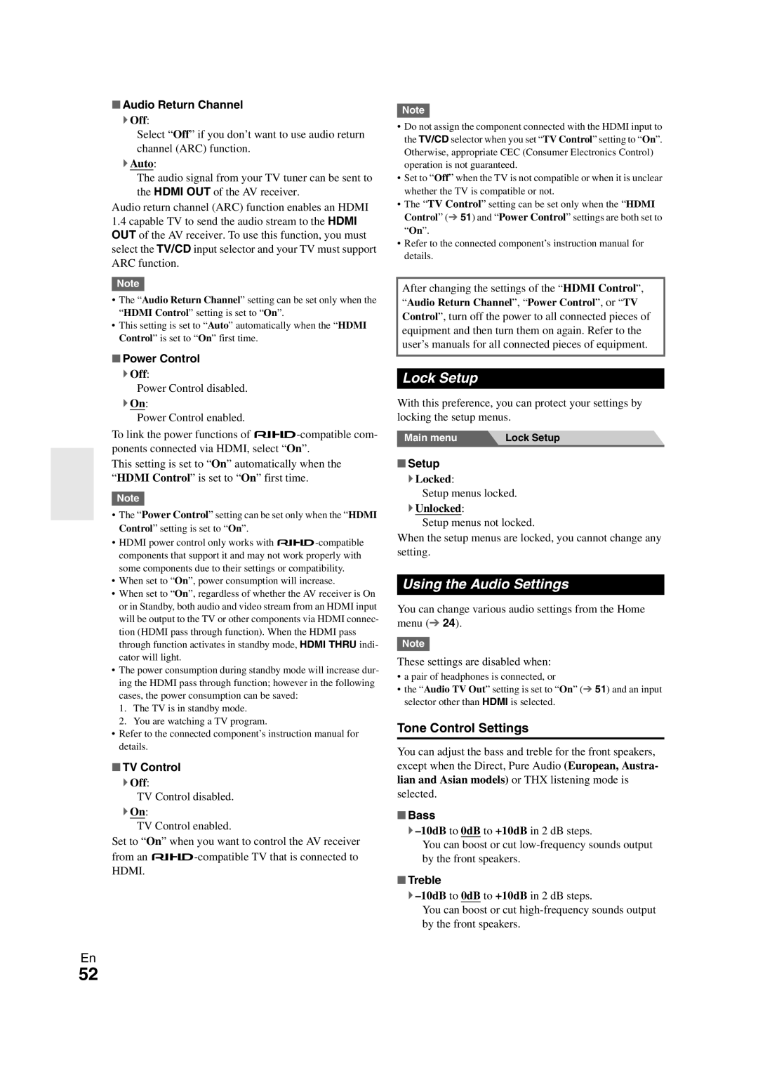 Onkyo SR608 instruction manual Lock Setup, Using the Audio Settings, Tone Control Settings 