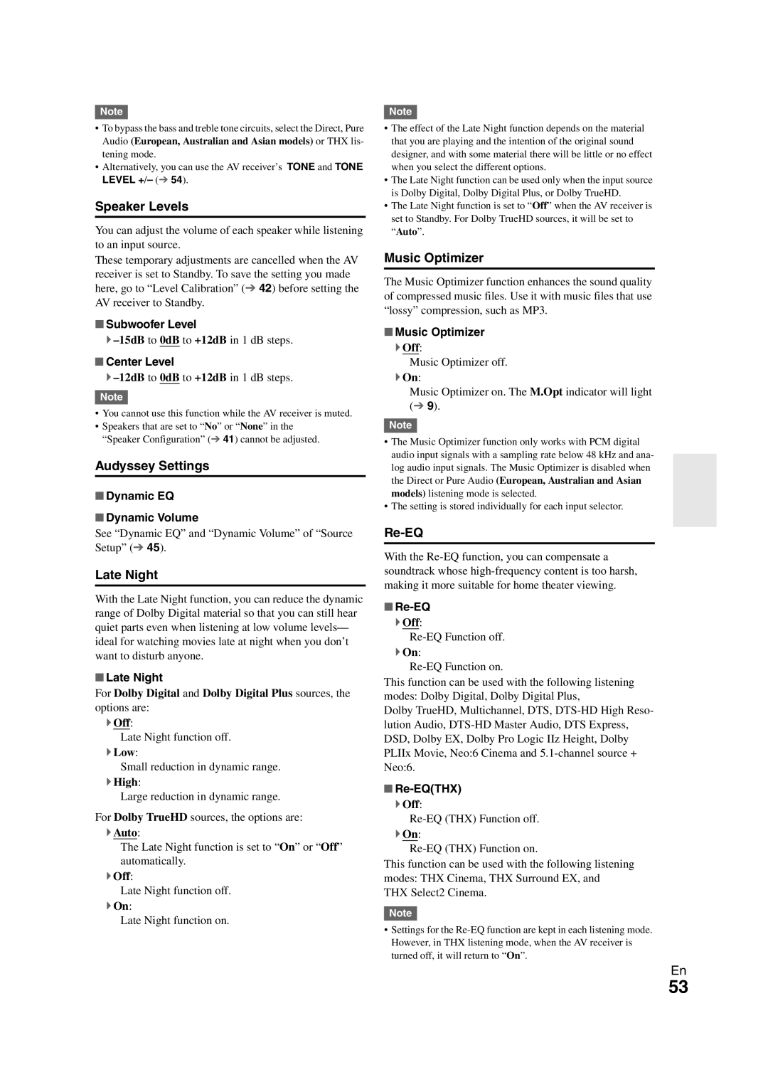 Onkyo SR608 instruction manual Speaker Levels, Audyssey Settings, Late Night, Music Optimizer, Re-EQ 