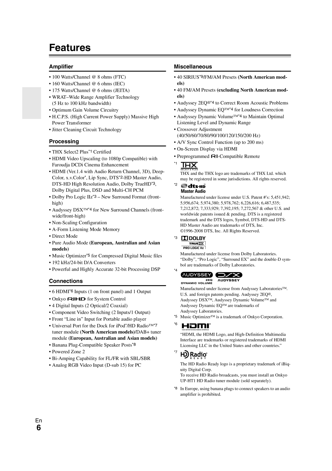 Onkyo SR608 instruction manual Features, Amplifier, Processing, Miscellaneous 