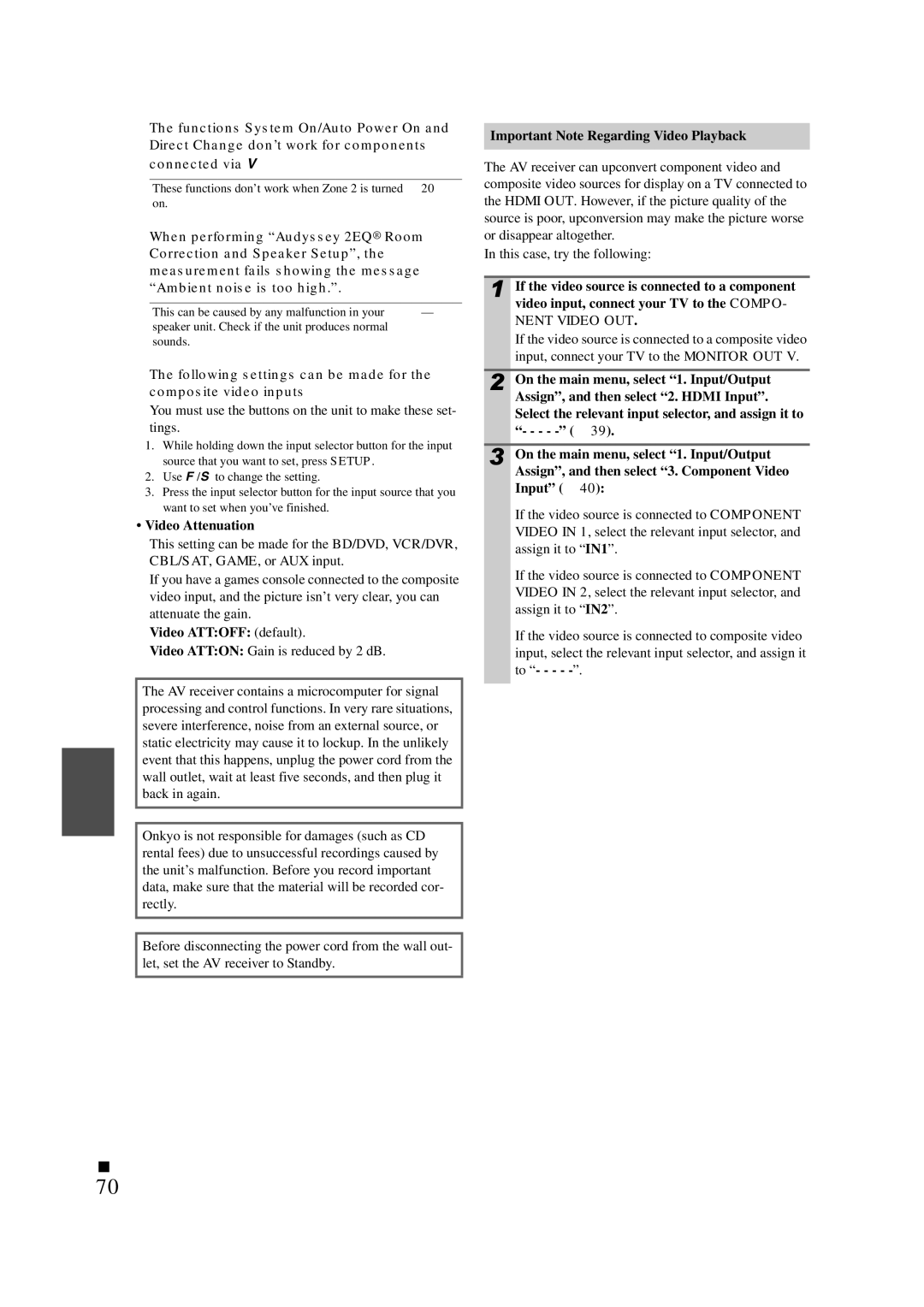 Onkyo SR608 Video Attenuation, CBL/SAT, GAME, or AUX input, Video Attoff default, Important Note Regarding Video Playback 