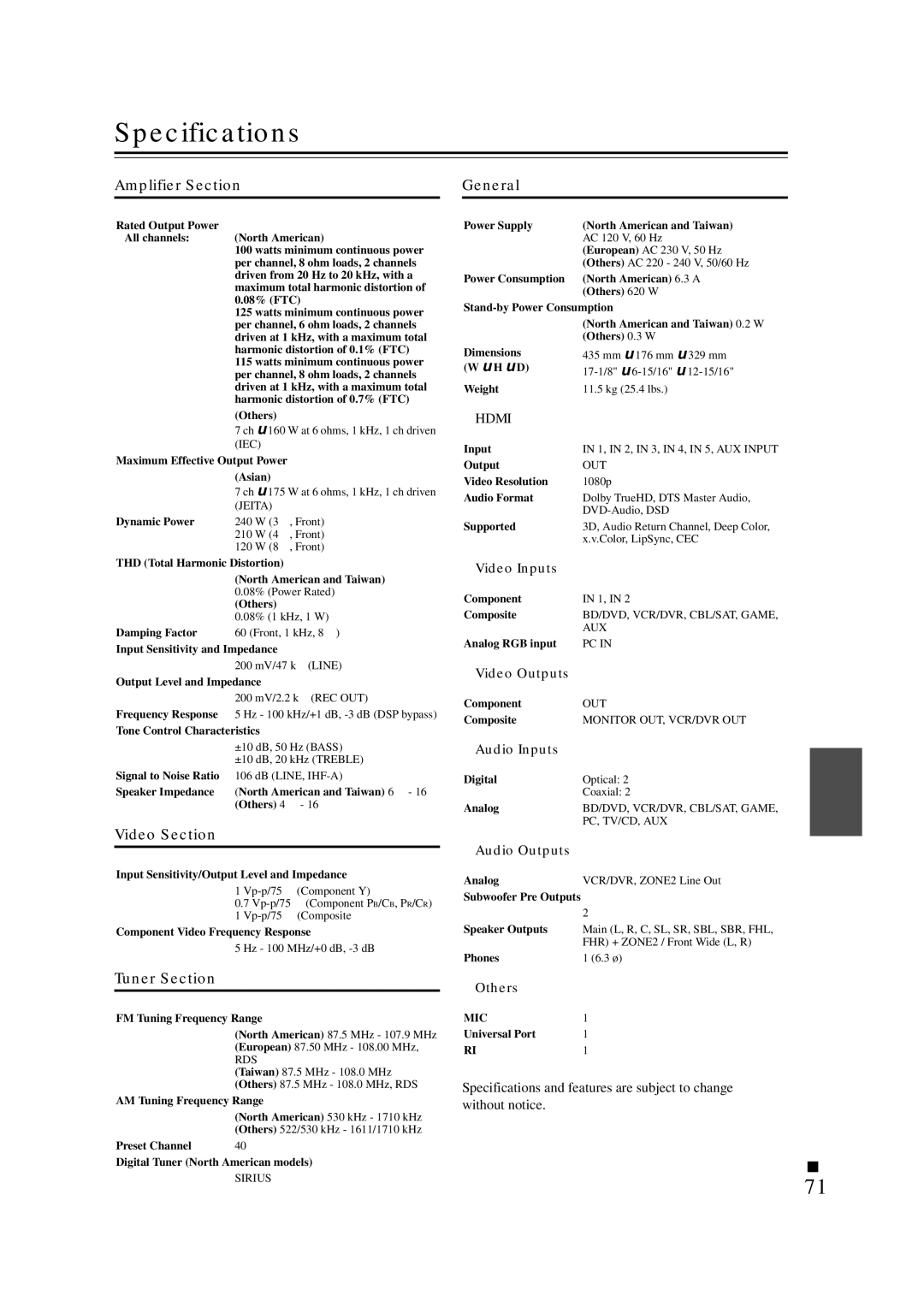 Onkyo SR608 instruction manual Specifications, Amplifier Section General, Video Section, Tuner Section, Hdmi 