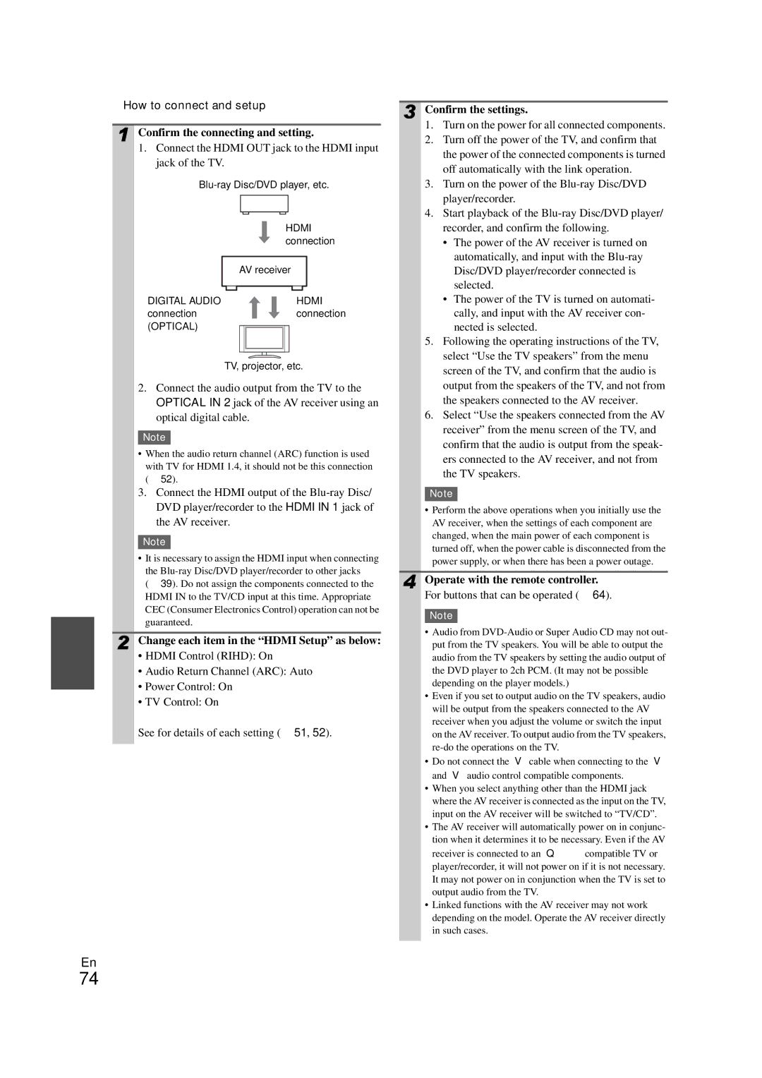 Onkyo SR608 How to connect and setup, Confirm the connecting and setting, Change each item in the Hdmi Setup as below 