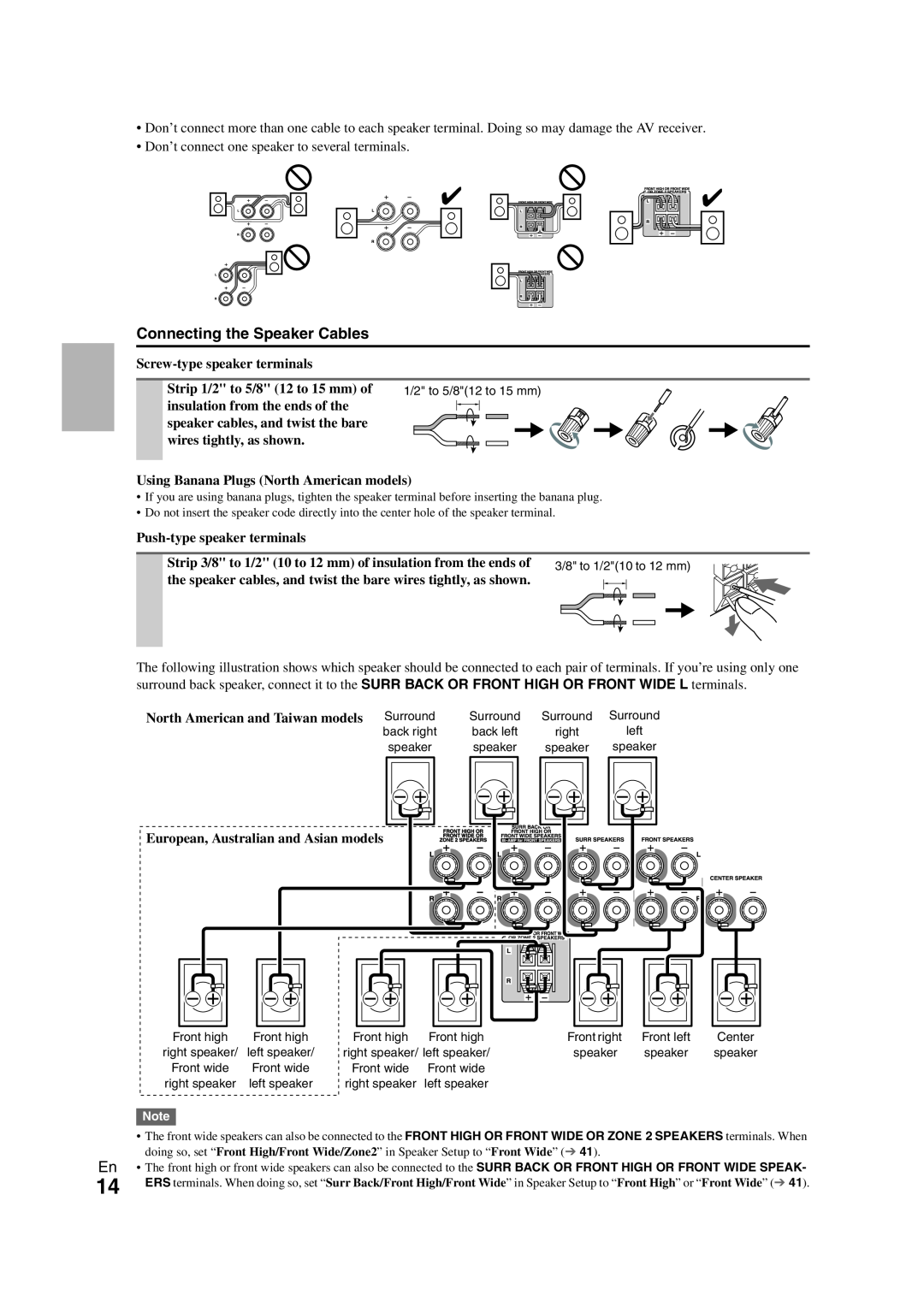 Onkyo SR608 instruction manual Connecting the Speaker Cables 
