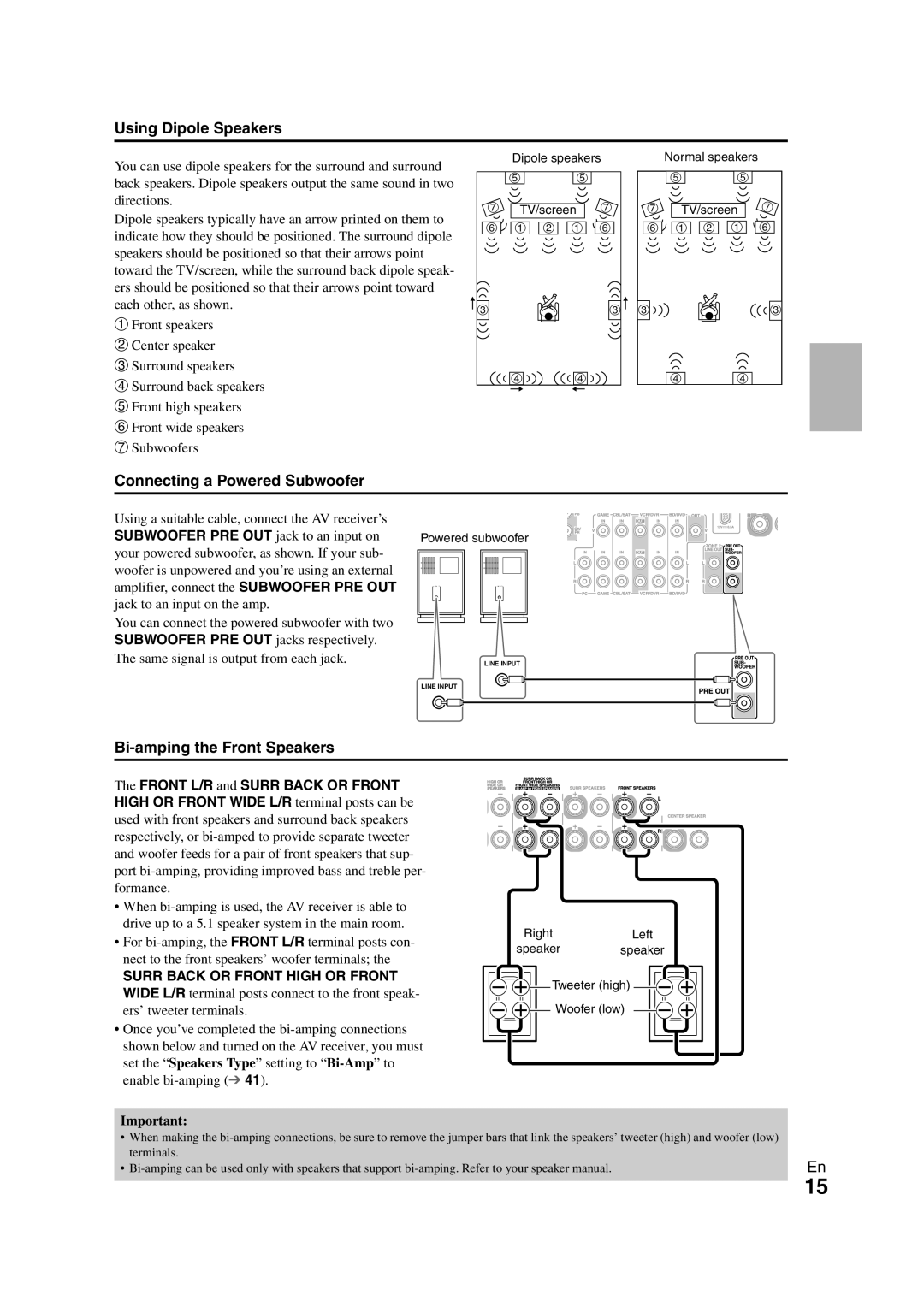 Onkyo SR608 instruction manual Using Dipole Speakers, Connecting a Powered Subwoofer, Bi-ampingthe Front Speakers 
