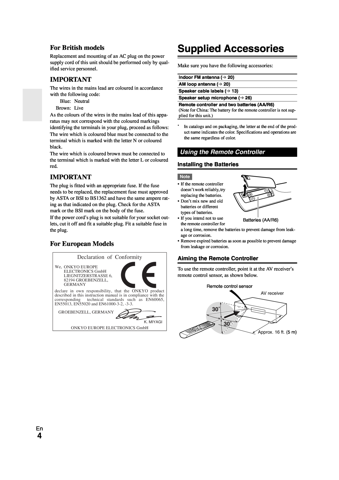 Onkyo SR608 instruction manual Supplied Accessories, For British models, For European Models, Using the Remote Controller 