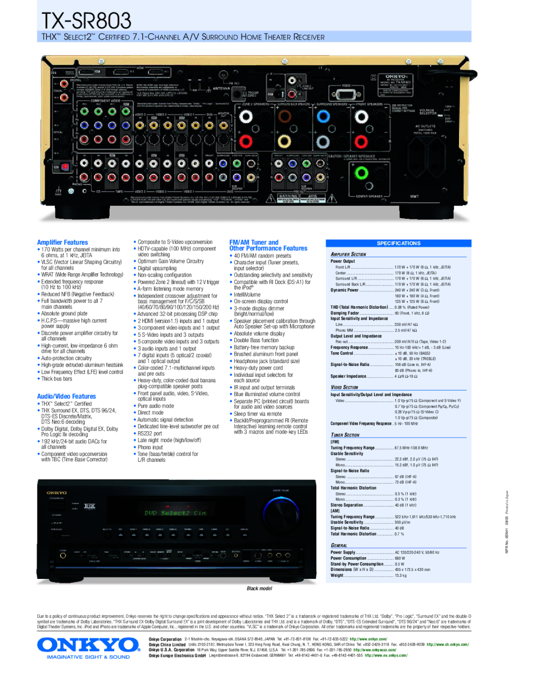 Onkyo SR803 manual Amplifier Features, Audio/Video Features, FM/AM Tuner 