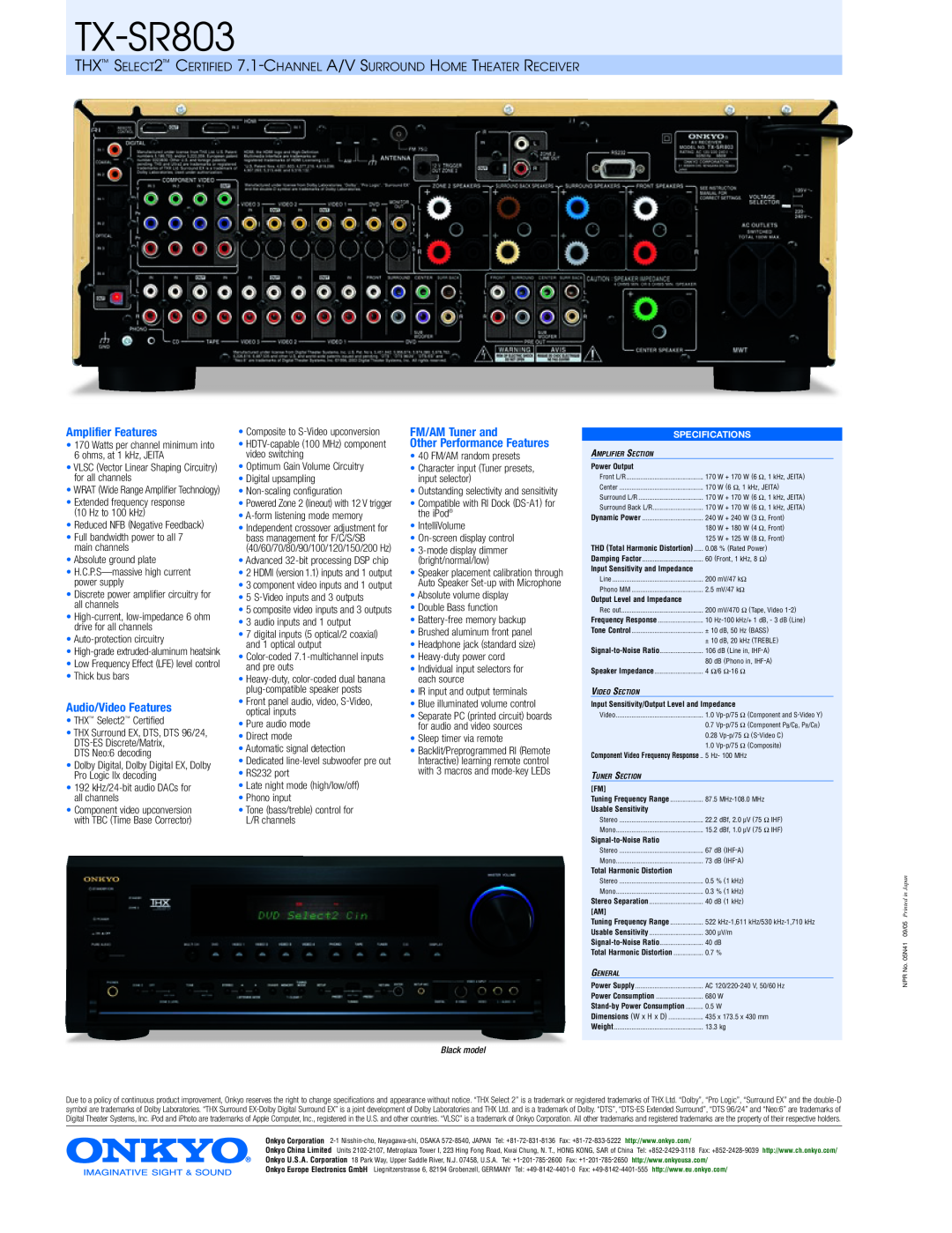 Onkyo manual Amplifier Features, Audio/Video Features, FM/AM Tuner and, TX-SR803, Other Performance Features 
