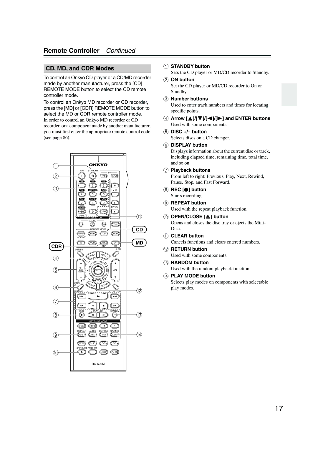 Onkyo SR804 instruction manual CD, MD, and CDR Modes 