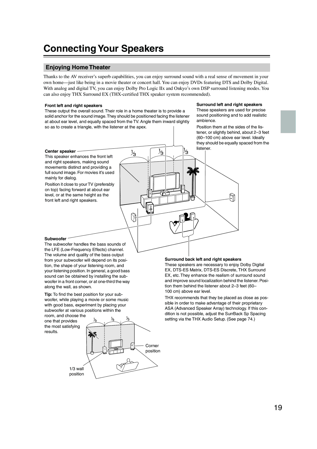 Onkyo SR804 instruction manual Connecting Your Speakers, Enjoying Home Theater, Front left and right speakers 