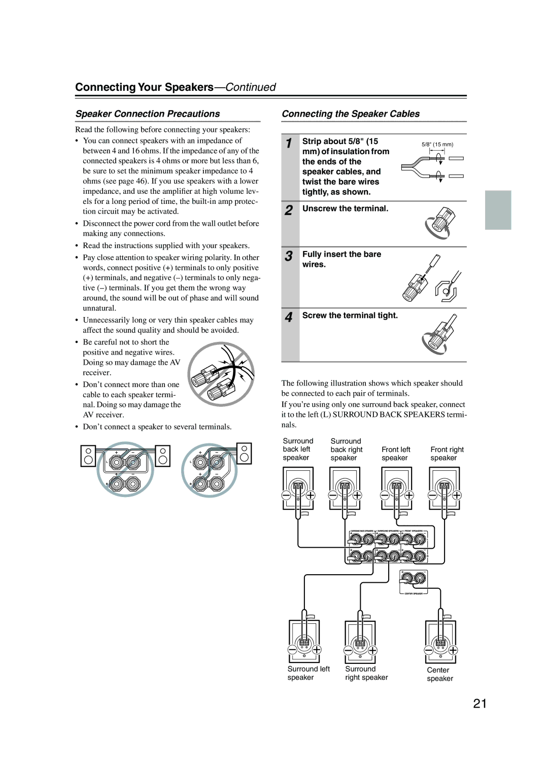 Onkyo SR804 instruction manual Speaker Connection Precautions, Connecting the Speaker Cables, Strip about 5/8 