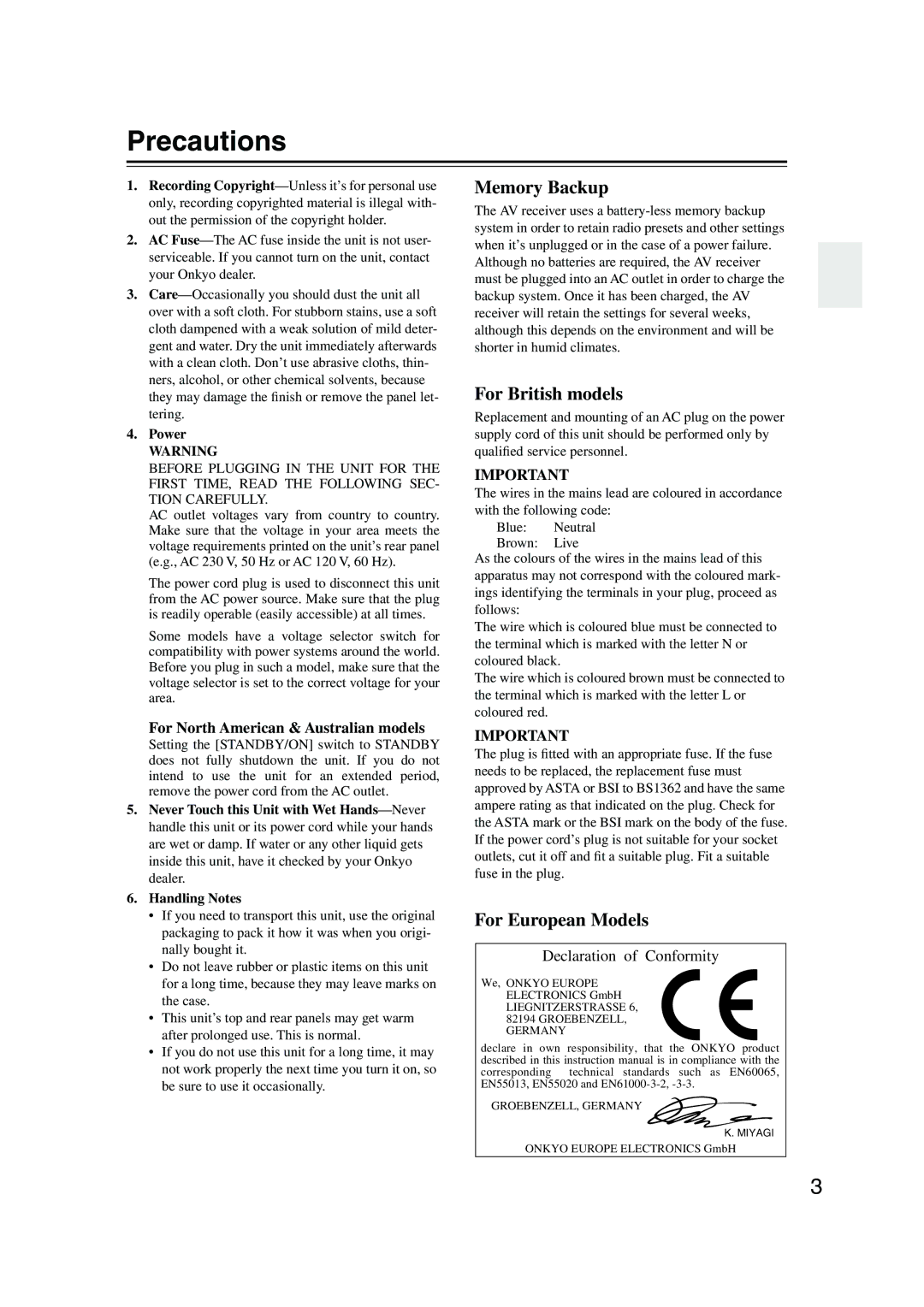 Onkyo SR804 instruction manual Precautions, Power 