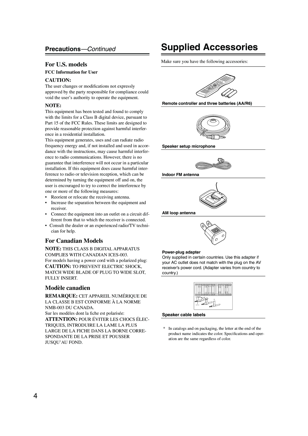 Onkyo SR804 instruction manual Supplied Accessories, Precautions, FCC Information for User 