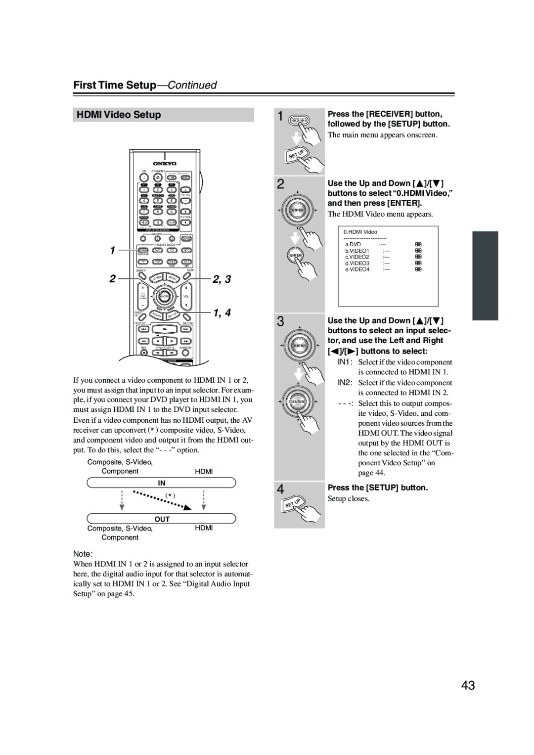 Onkyo SR804 Hdmi Video Setup, Press the Receiver button, Followed by the Setup button, Press the Setup button 