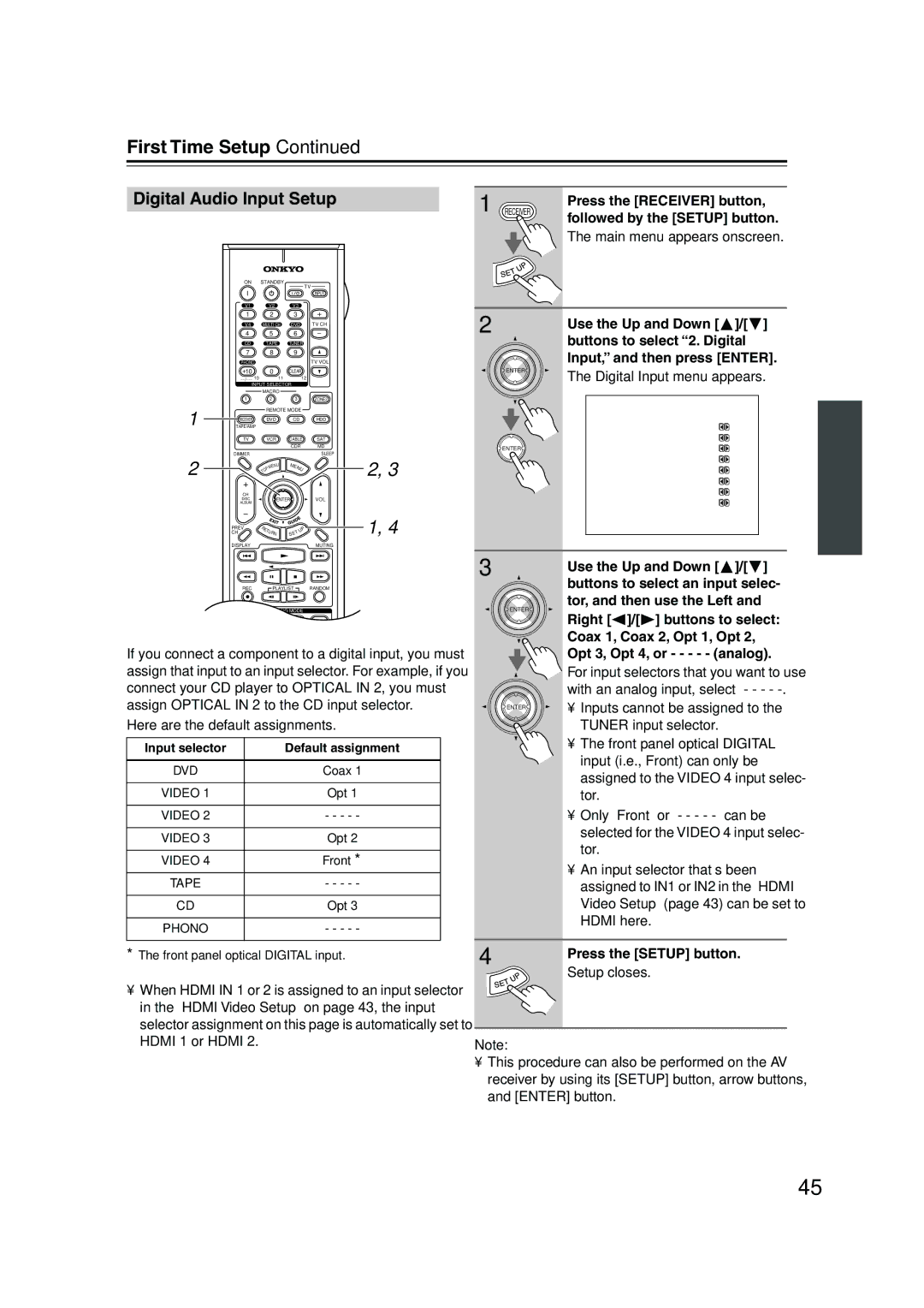 Onkyo SR804 instruction manual Digital Audio Input Setup, Digital Input menu appears, Input selector Default assignment 