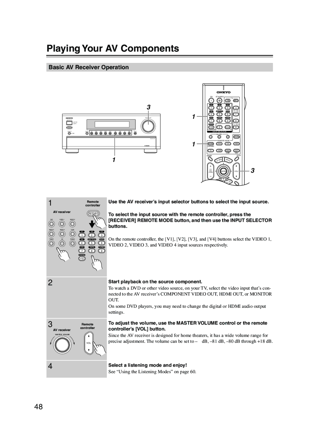 Onkyo SR804 Playing Your AV Components, Basic AV Receiver Operation, Start playback on the source component 