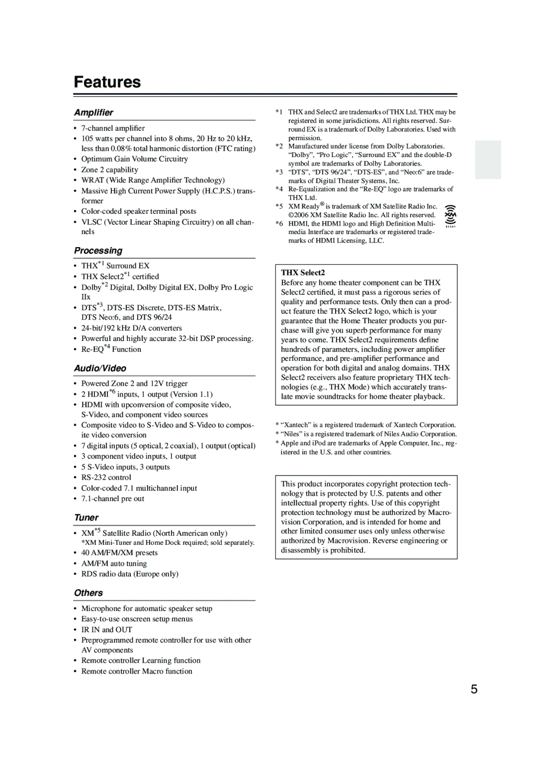 Onkyo SR804 instruction manual Features 