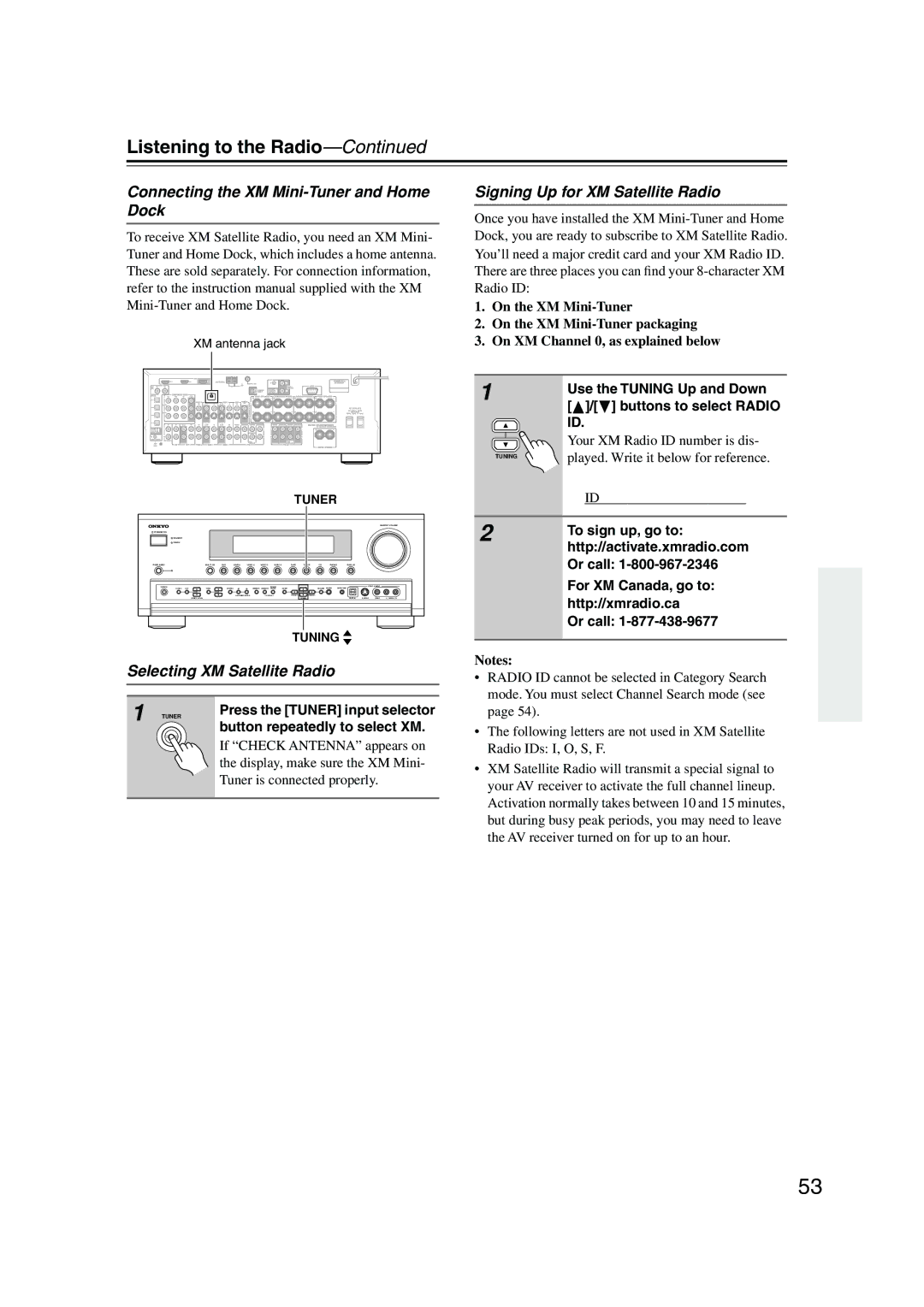 Onkyo SR804 Connecting the XM Mini-Tuner and Home Dock, Signing Up for XM Satellite Radio, Selecting XM Satellite Radio 