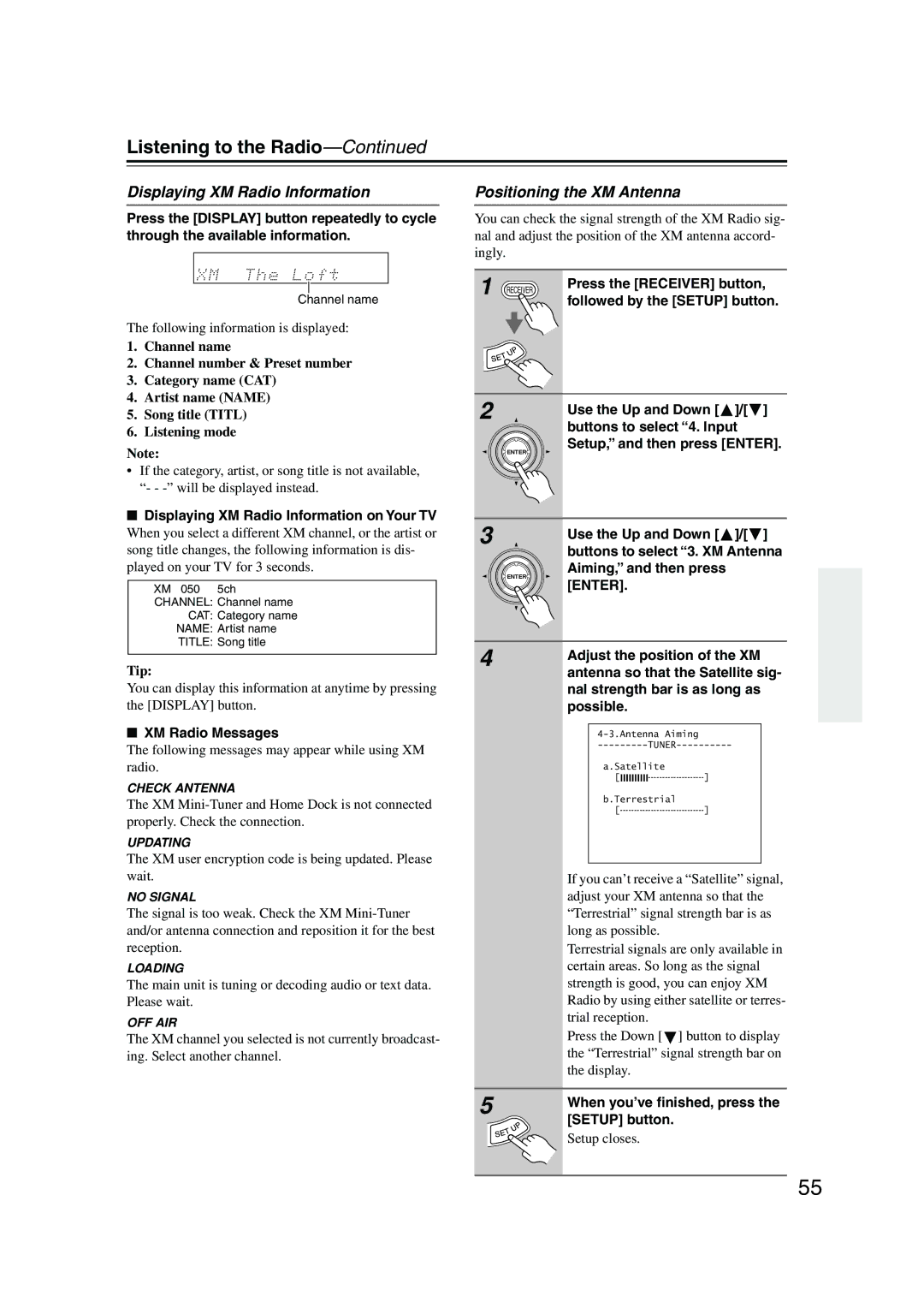 Onkyo SR804 instruction manual Displaying XM Radio Information, Positioning the XM Antenna 