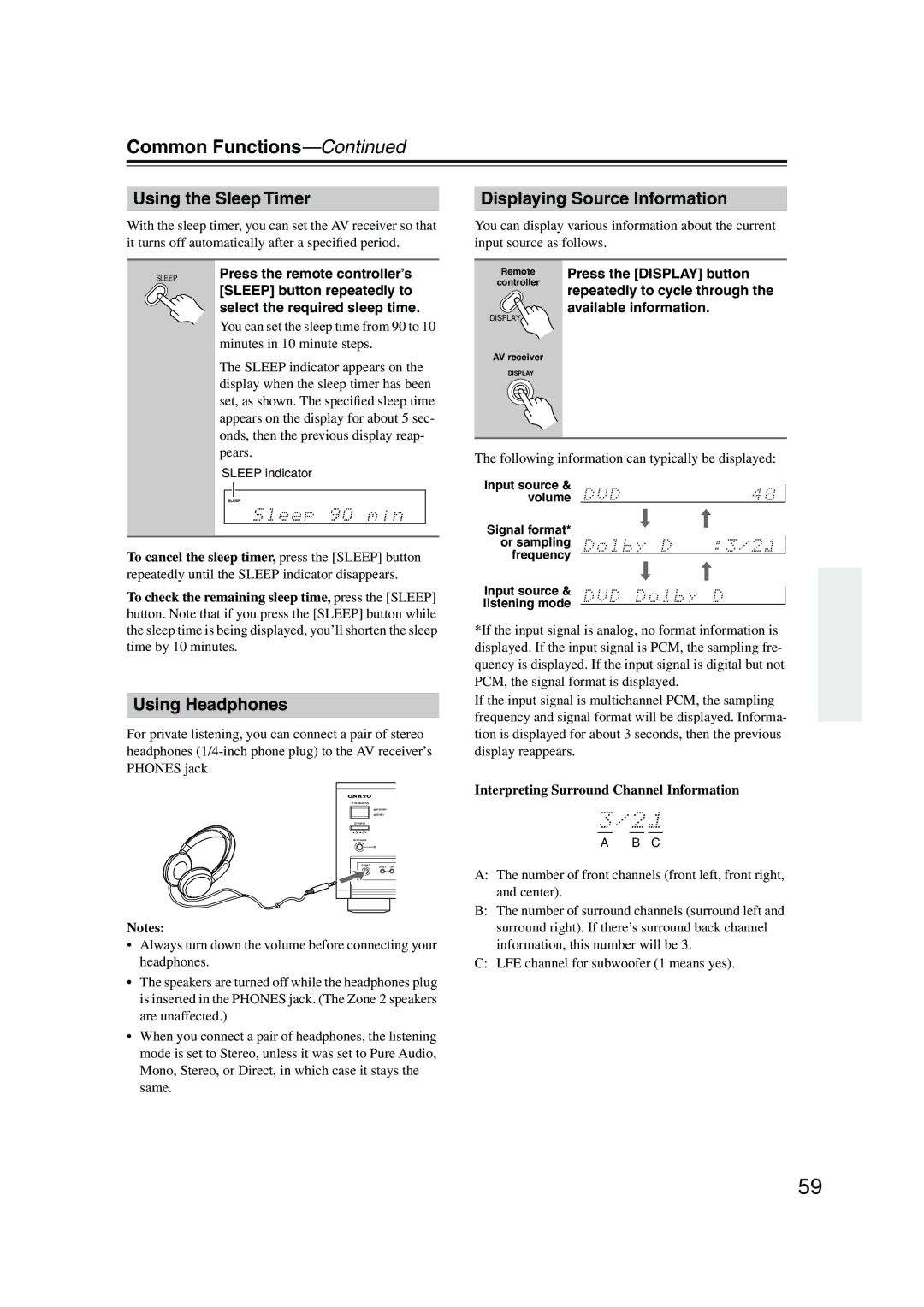 Onkyo SR804 instruction manual Common Functions, Using the Sleep Timer, Using Headphones, Displaying Source Information 