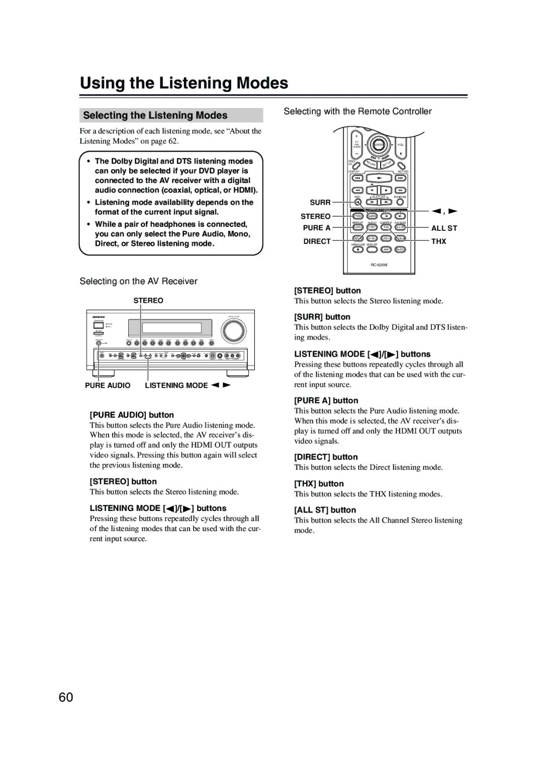 Onkyo SR804 Using the Listening Modes, Selecting the Listening Modes, Selecting with the Remote Controller 