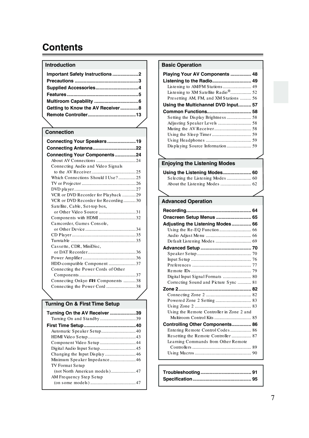 Onkyo SR804 instruction manual Contents 