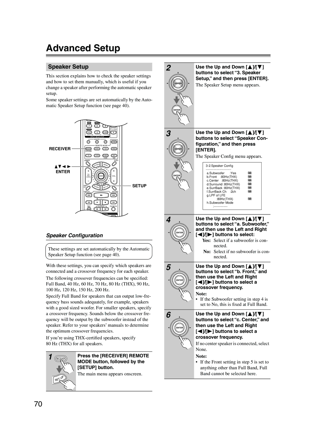 Onkyo SR804 instruction manual Advanced Setup, Speaker Setup 