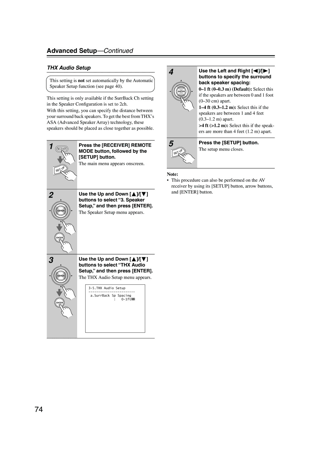 Onkyo SR804 THX Audio Setup, Buttons to select THX Audio, Buttons to specify the surround, Back speaker spacing 
