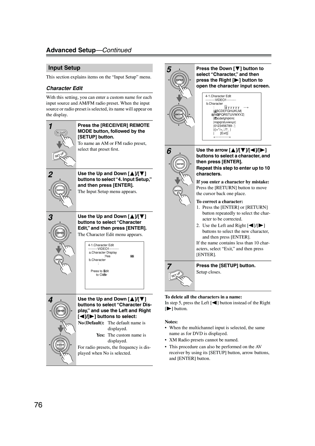 Onkyo SR804 instruction manual Input Setup, Character Edit, Press the Down Button to Select Character, and then 