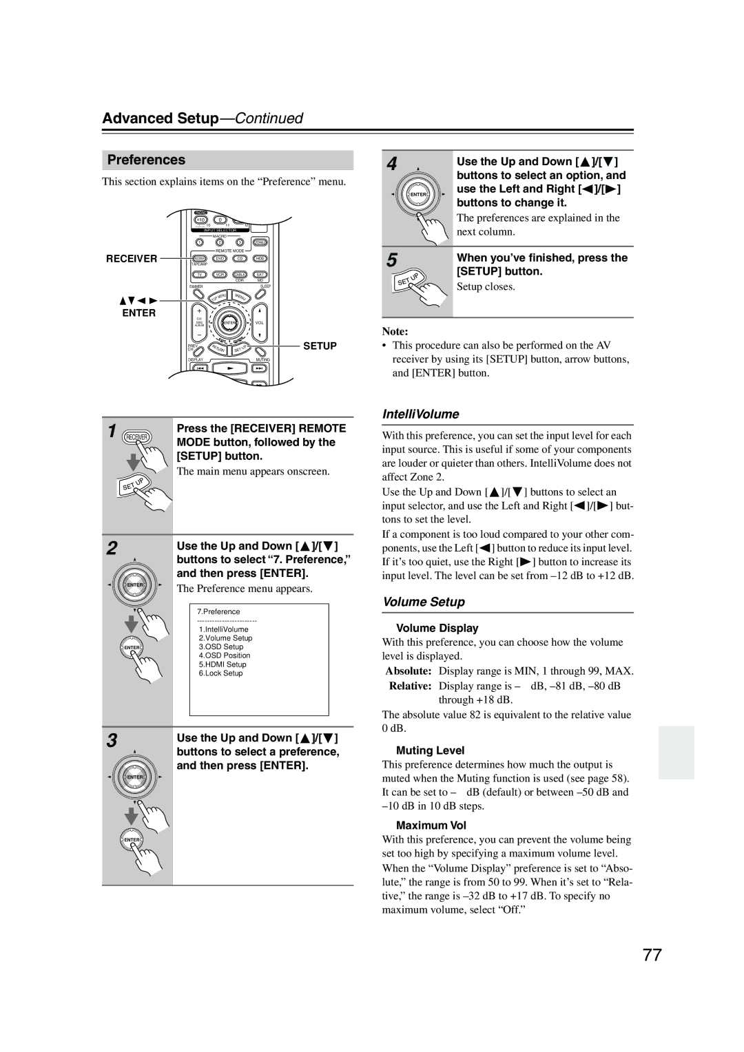 Onkyo SR804 instruction manual Preferences, IntelliVolume, Volume Setup 