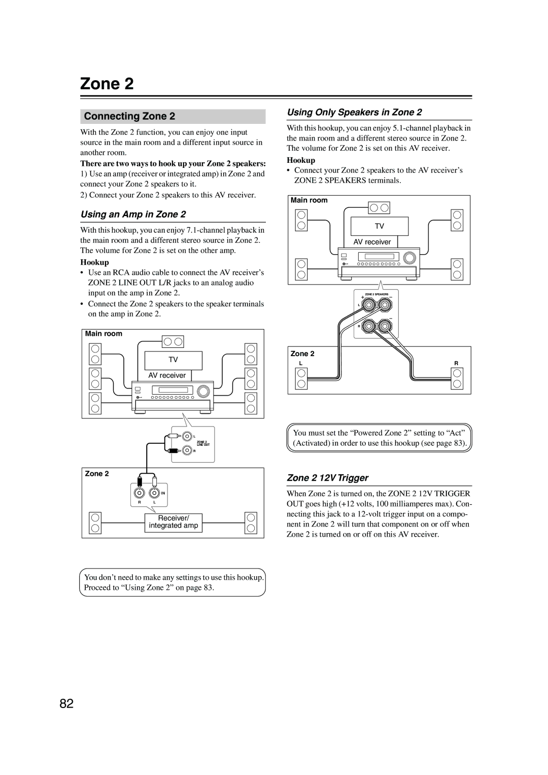 Onkyo SR804 instruction manual Connecting Zone, Using an Amp in Zone, Using Only Speakers in Zone, Zone 2 12V Trigger 