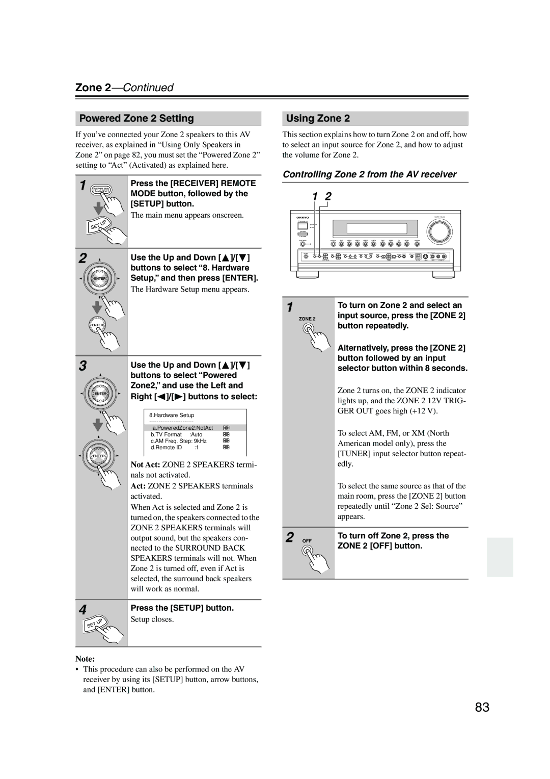 Onkyo SR804 instruction manual Powered Zone 2 Setting, Using Zone, Controlling Zone 2 from the AV receiver 