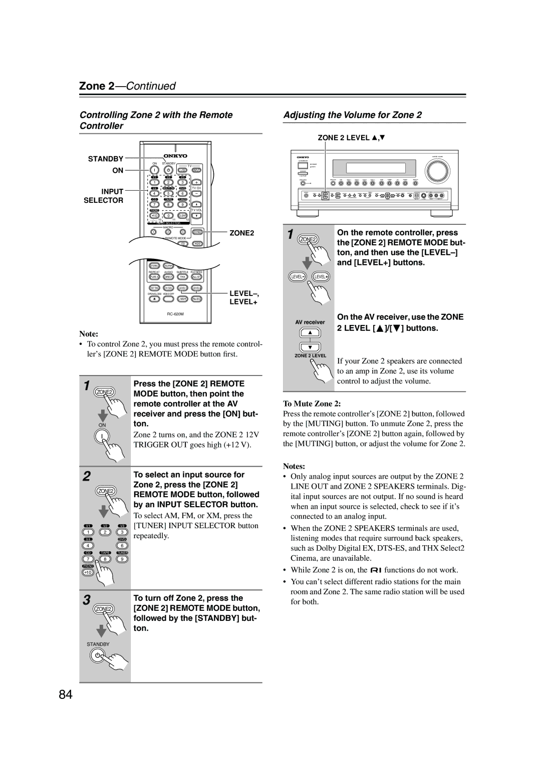 Onkyo SR804 instruction manual Controlling Zone 2 with the Remote Controller, Adjusting the Volume for Zone, To Mute Zone 