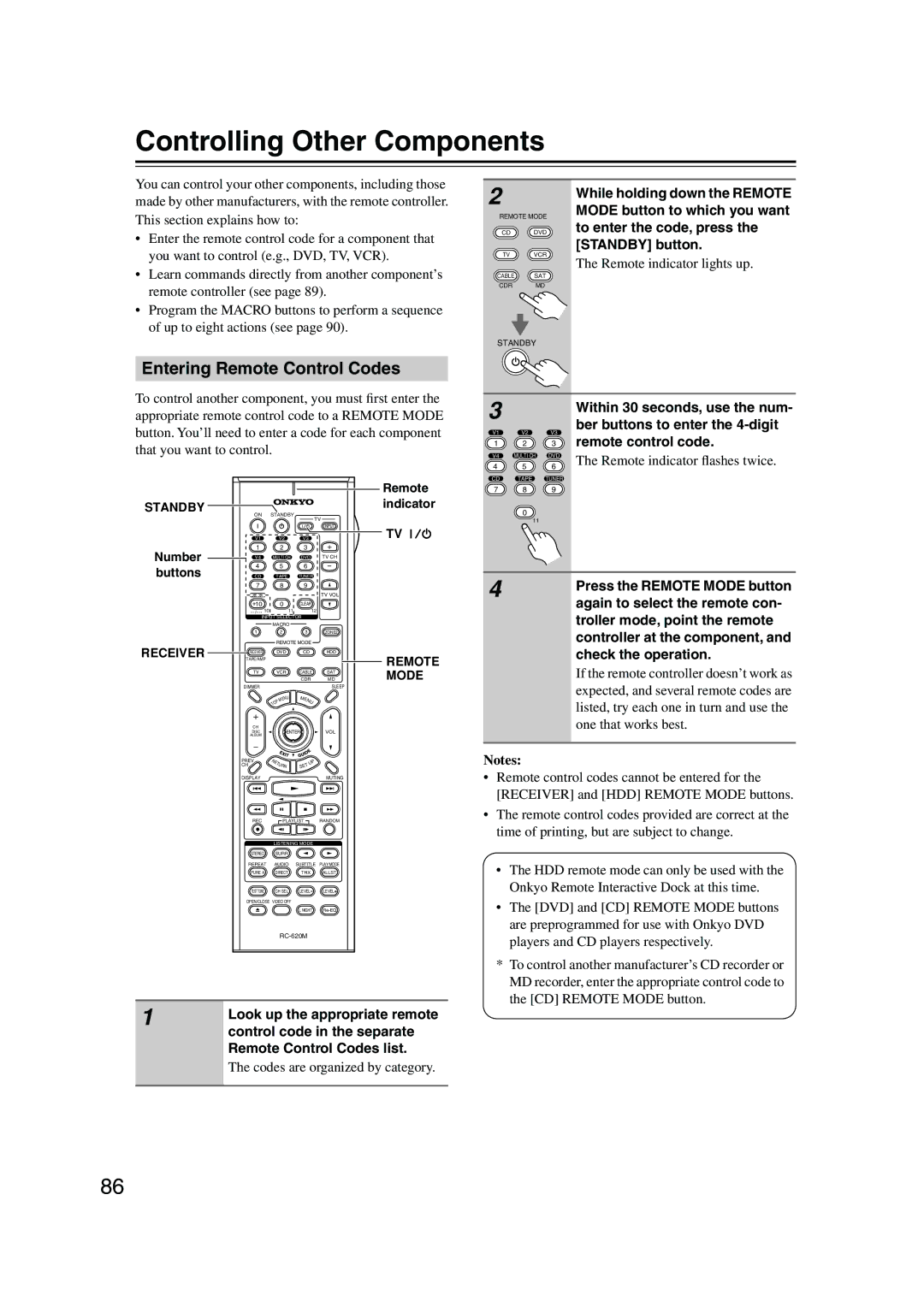 Onkyo SR804 instruction manual Controlling Other Components, Entering Remote Control Codes 