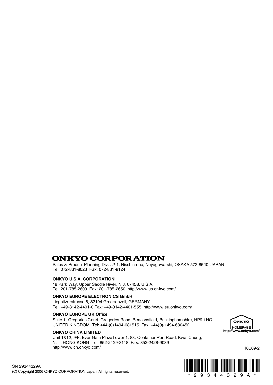 Onkyo SR804 instruction manual Onkyo Europe Electronics GmbH, Onkyo Europe UK Office 