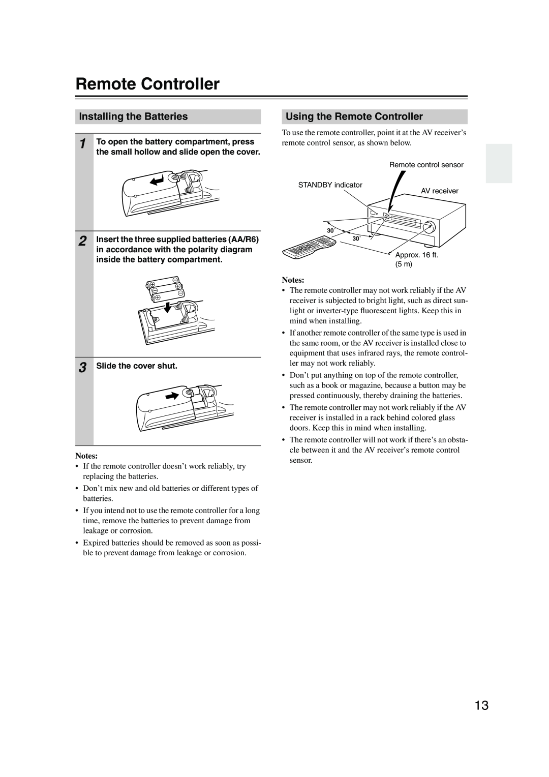 Onkyo SR804 instruction manual Installing the Batteries, Using the Remote Controller, Notes 