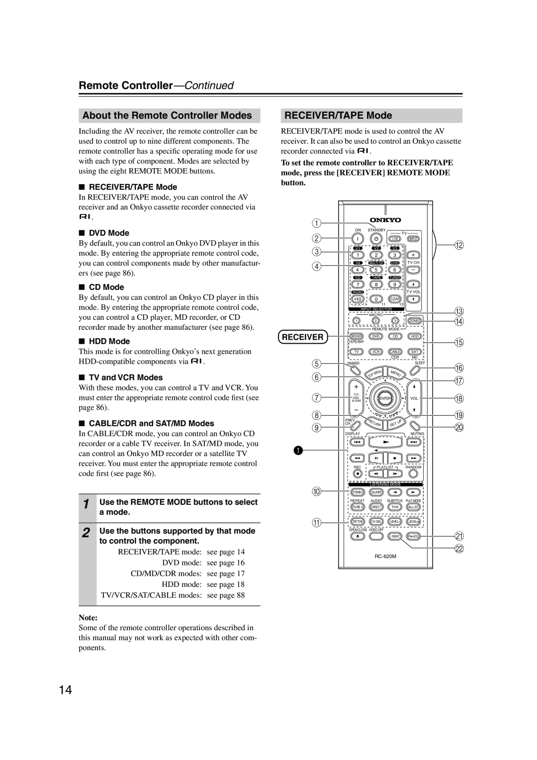 Onkyo SR804 instruction manual Remote Controller—Continued, About the Remote Controller Modes, RECEIVER/TAPE Mode 