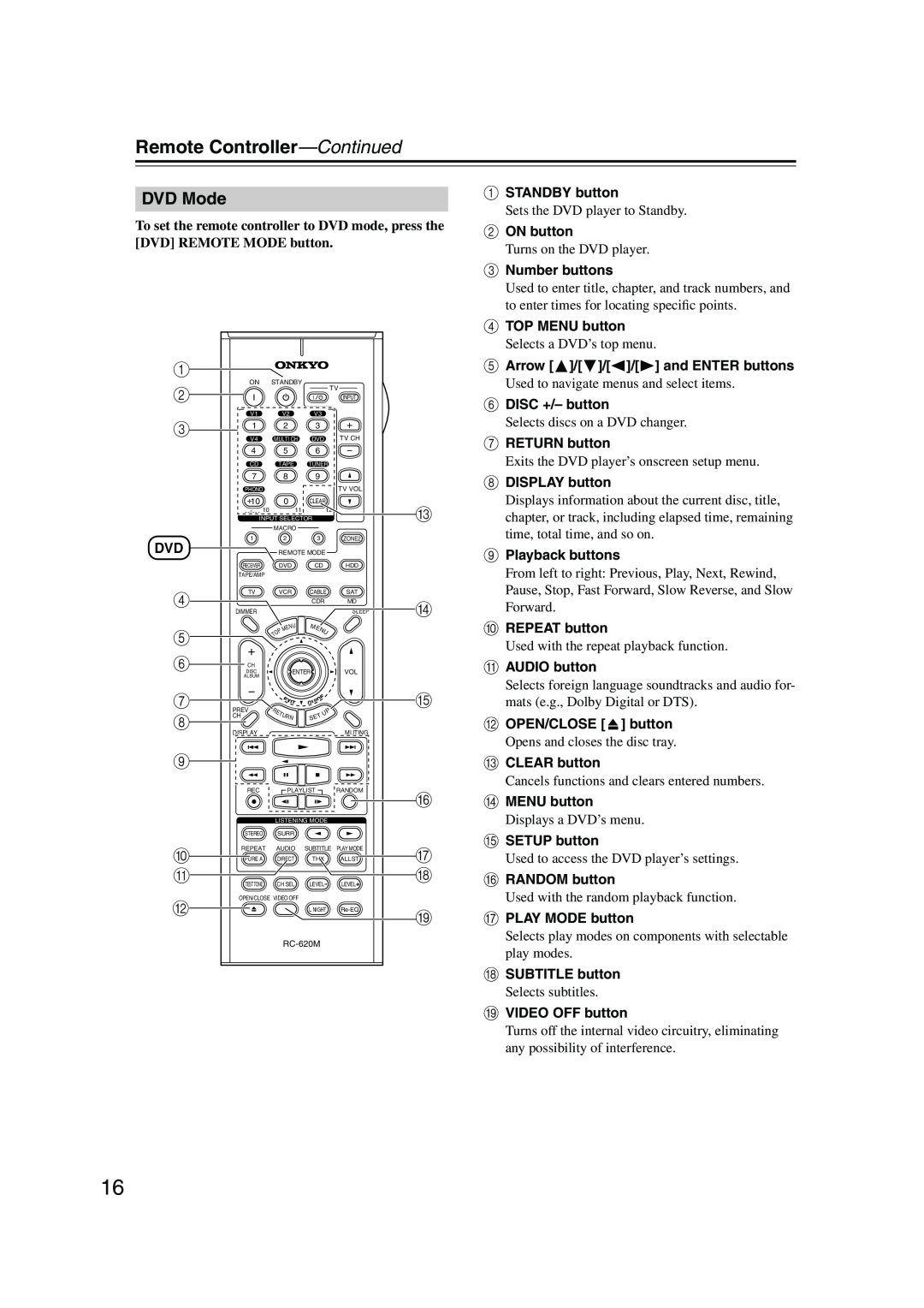 Onkyo SR804 instruction manual DVD Mode, Remote Controller—Continued 