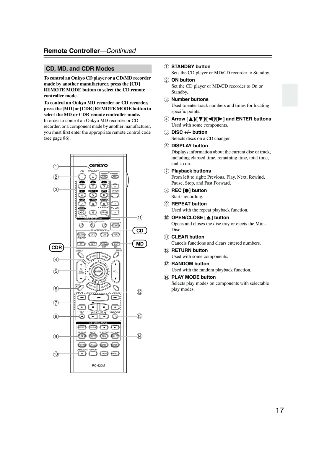 Onkyo SR804 instruction manual CD, MD, and CDR Modes, Remote Controller—Continued 
