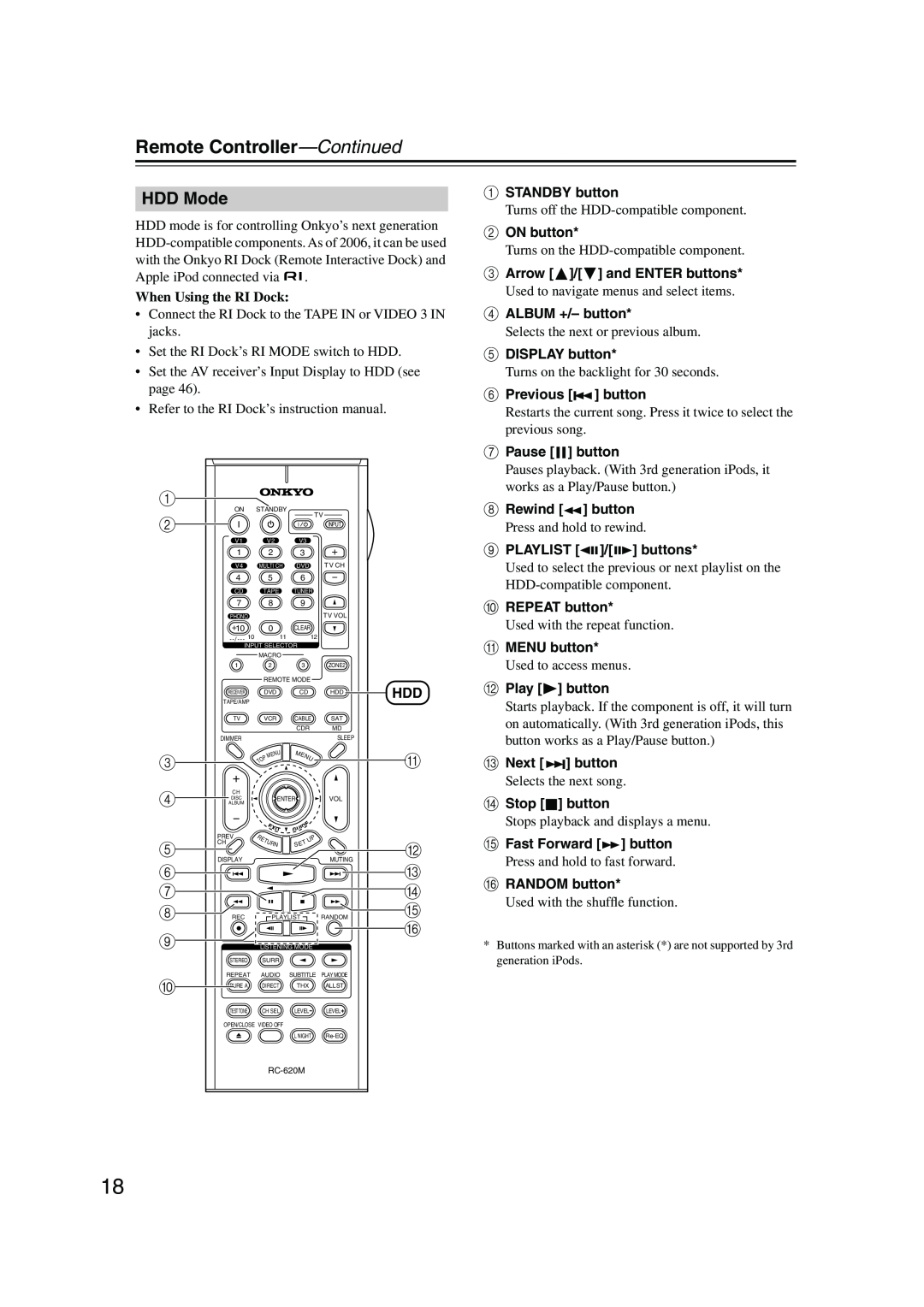 Onkyo SR804 instruction manual HDD Mode, Remote Controller—Continued 