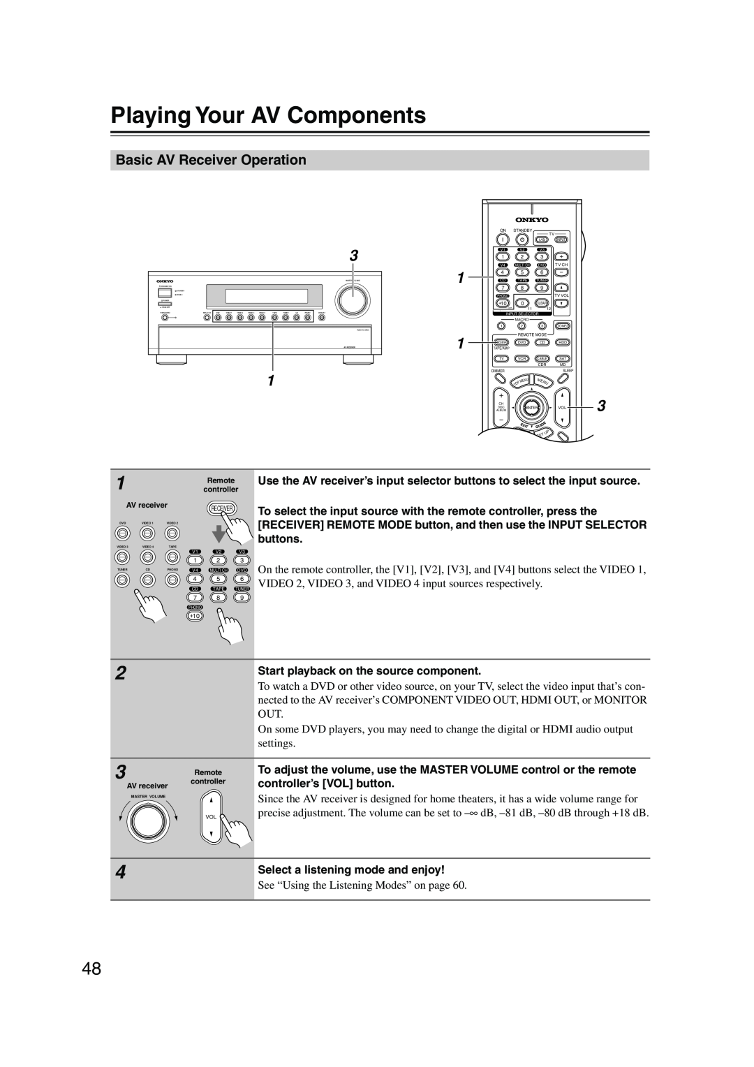 Onkyo SR804 instruction manual Playing Your AV Components, Basic AV Receiver Operation 