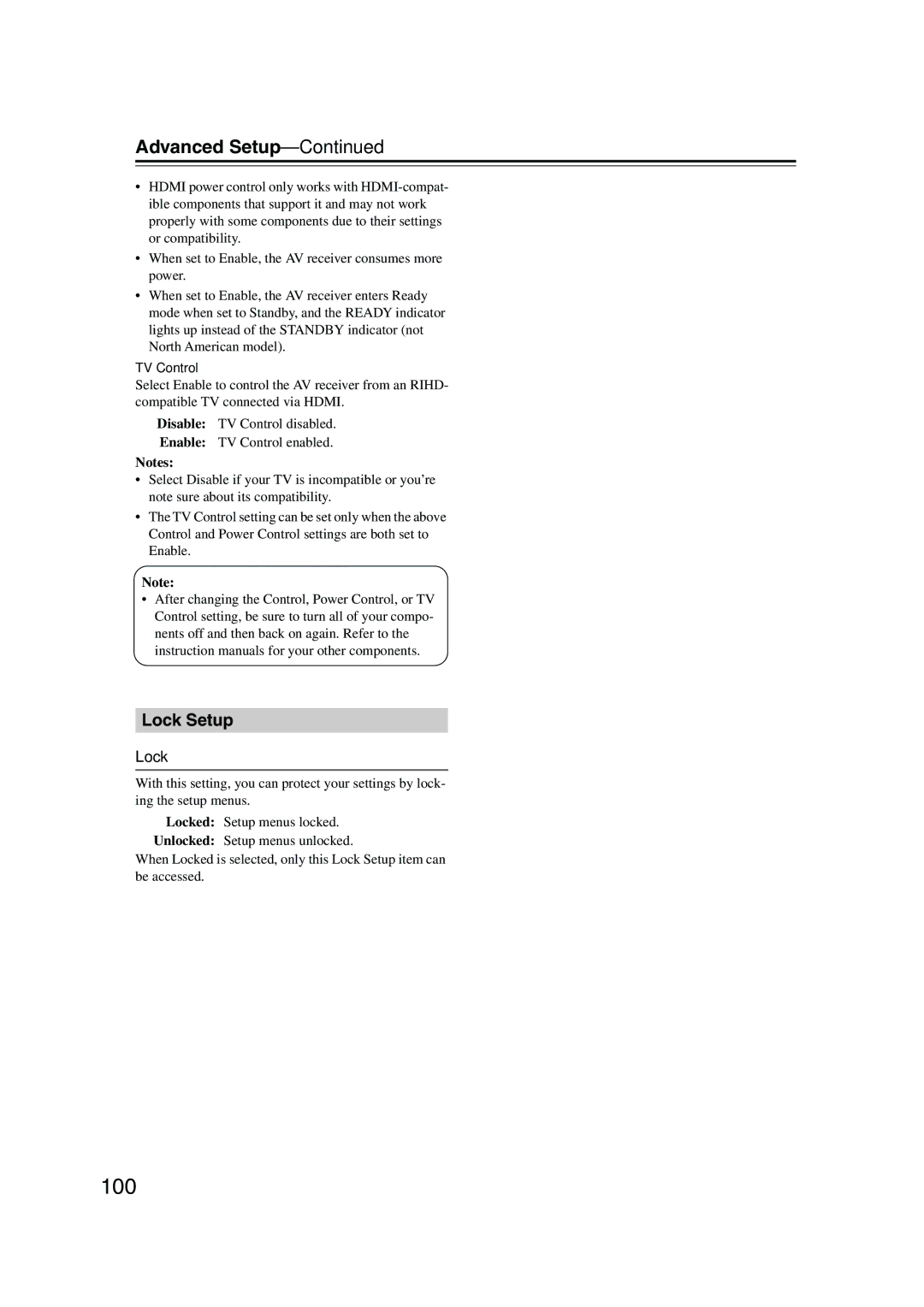 Onkyo SR805 instruction manual 100, Lock Setup 