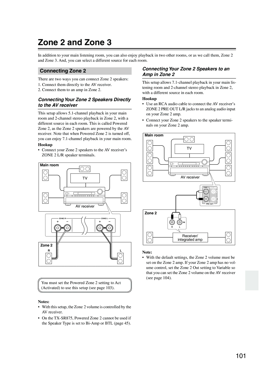 Onkyo SR805 Zone 2 and Zone, 101, Connecting Zone, Connecting Your Zone 2 Speakers Directly to the AV receiver 