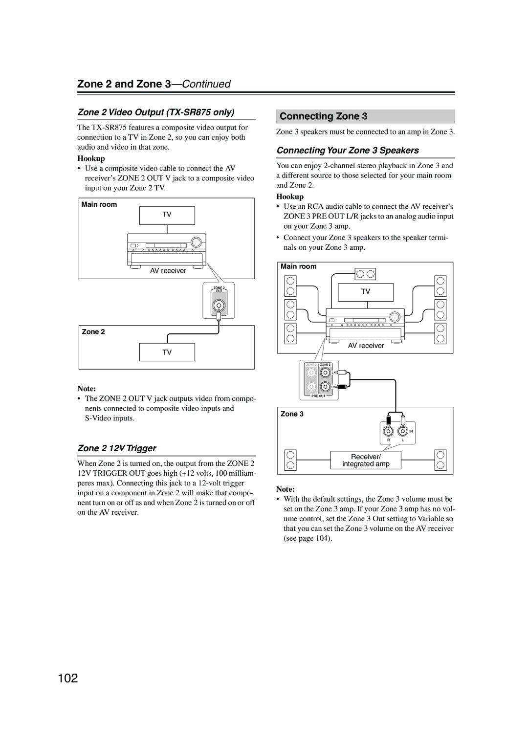 Onkyo SR805 102, Zone 2 and Zone, Zone 2 Video Output TX-SR875 only, Zone 2 12V Trigger, Connecting Your Zone 3 Speakers 