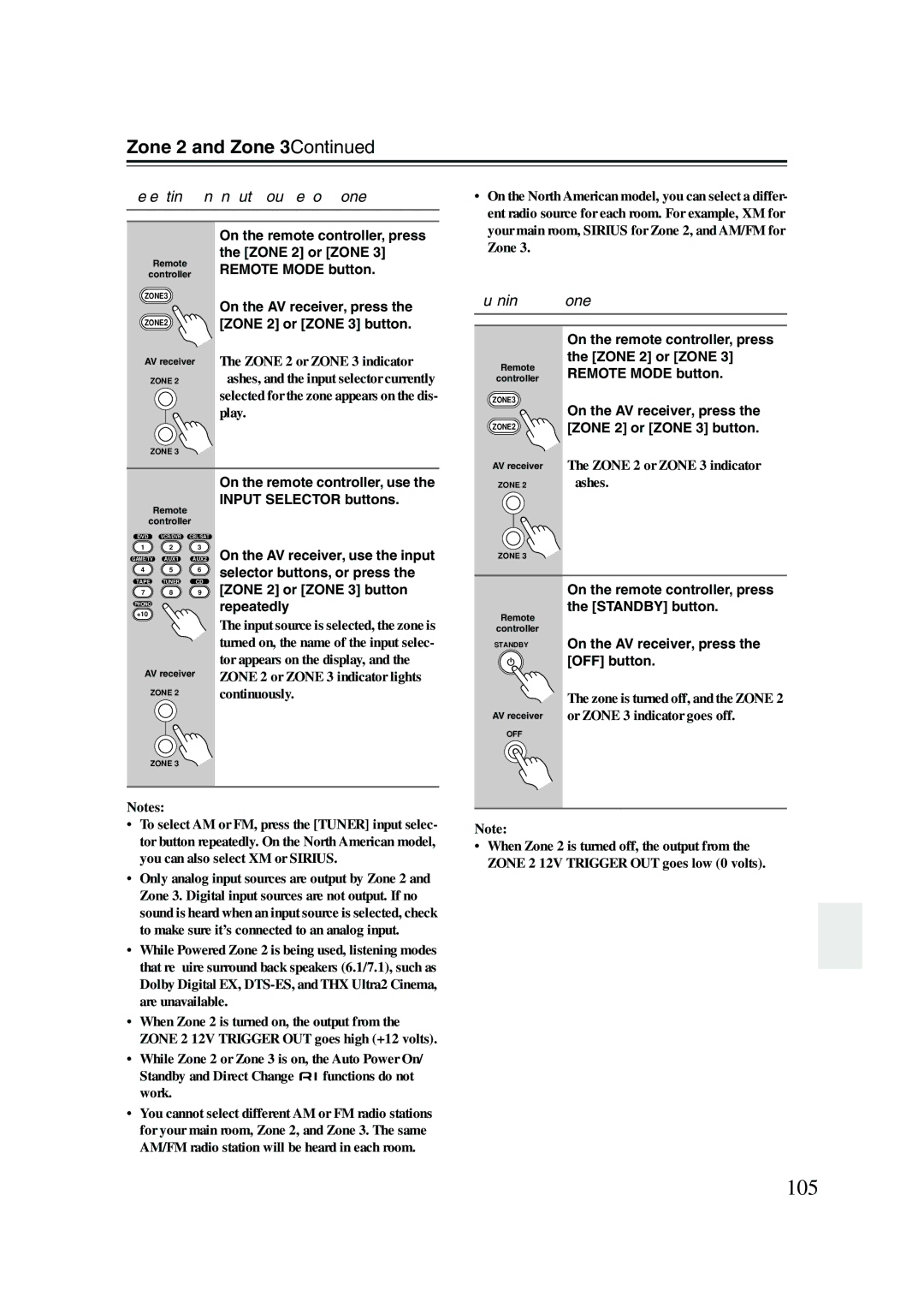 Onkyo SR805 instruction manual 105, Selecting an Input Source for Zones, Turning Off Zones, On the remote controller, press 