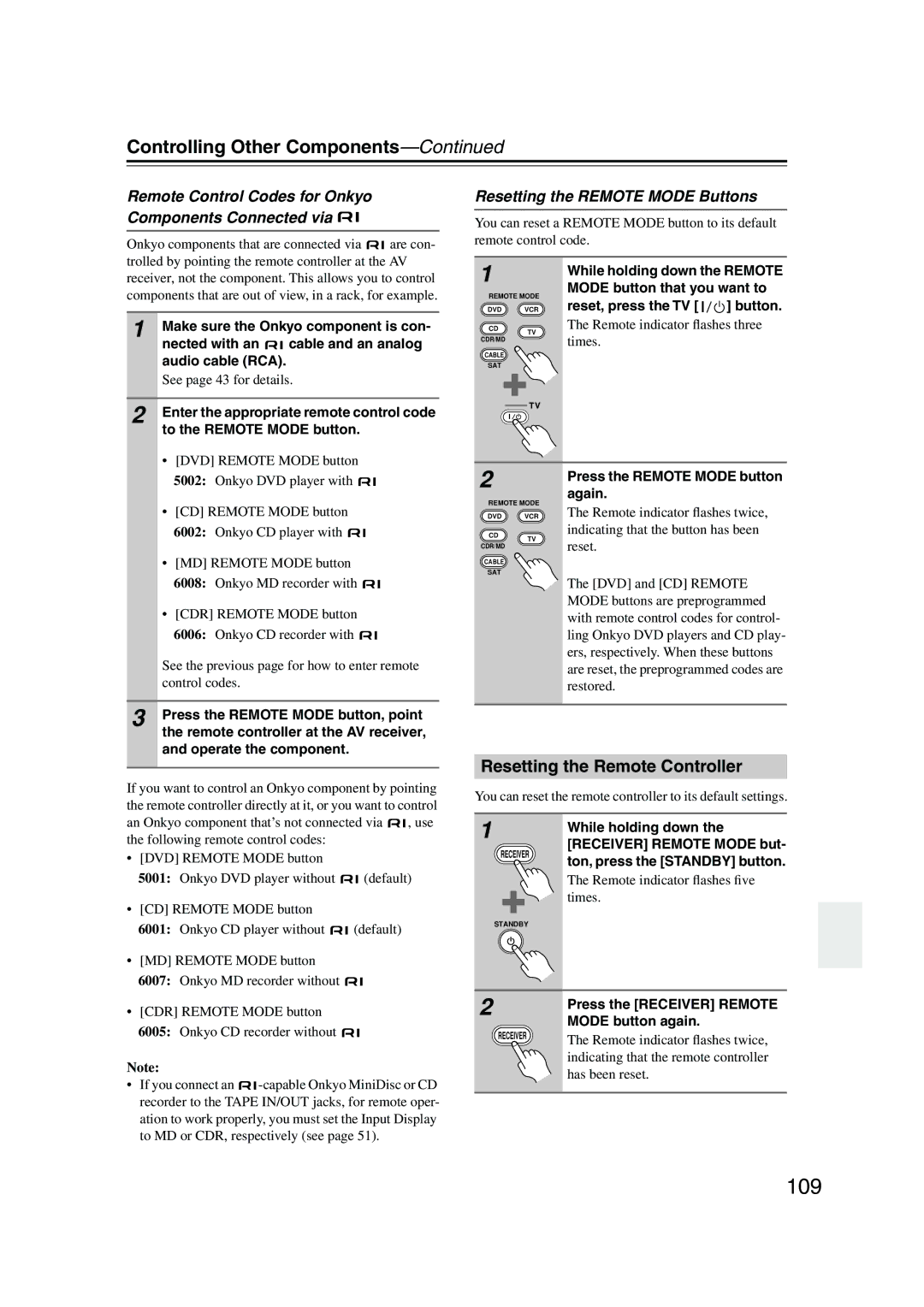 Onkyo SR805 109, Controlling Other Components, Resetting the Remote Controller, Resetting the Remote Mode Buttons 