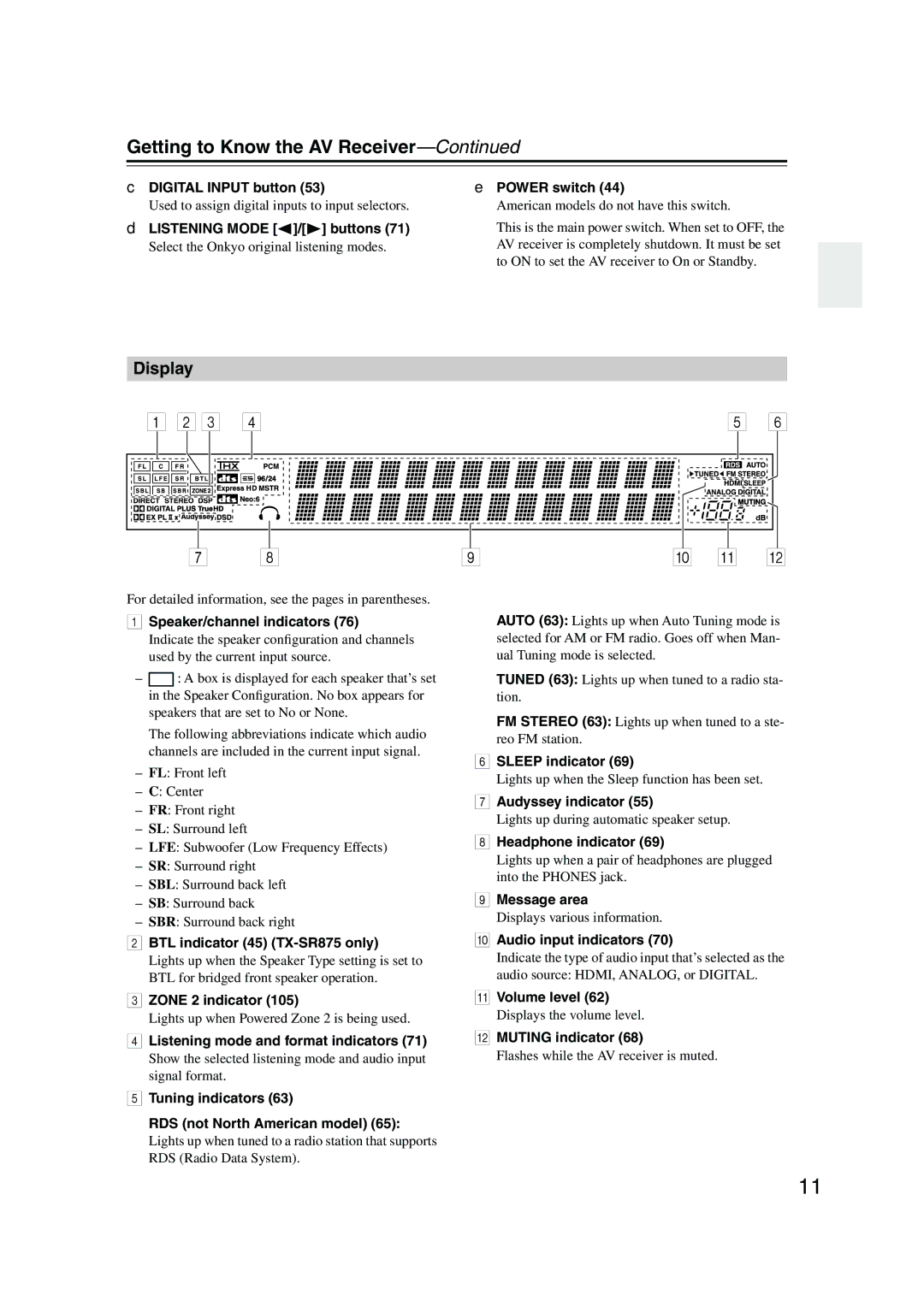 Onkyo SR805 instruction manual Display 