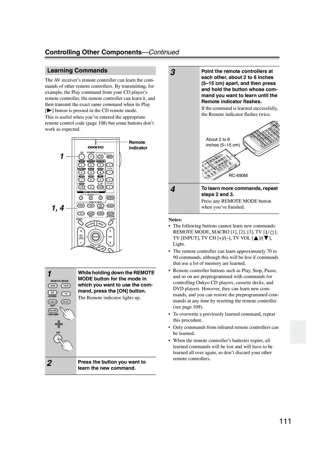 Onkyo SR805 instruction manual 111, Learning Commands 