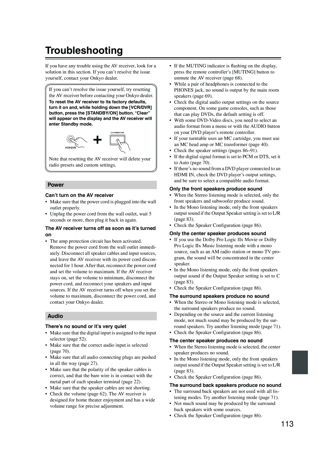 Onkyo SR805 instruction manual Troubleshooting, 113 